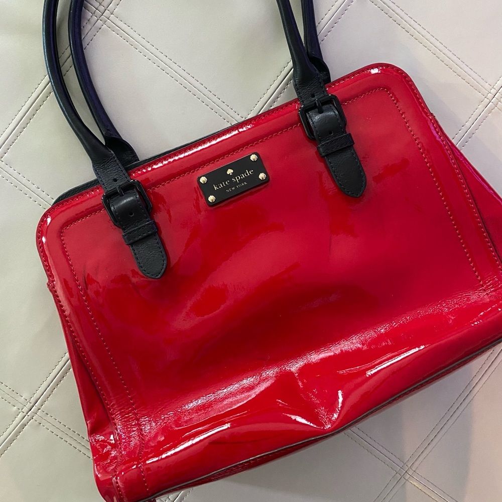 Kate Spade Red Patent Leather Tote Black Handles